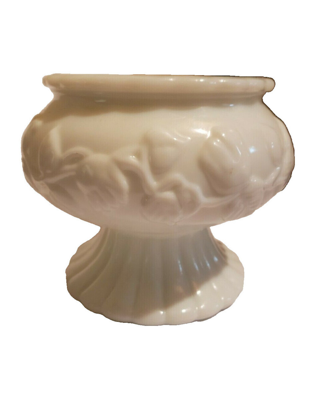1970's White Milk Glass Vase/Planter Ivy Vine Pattern.